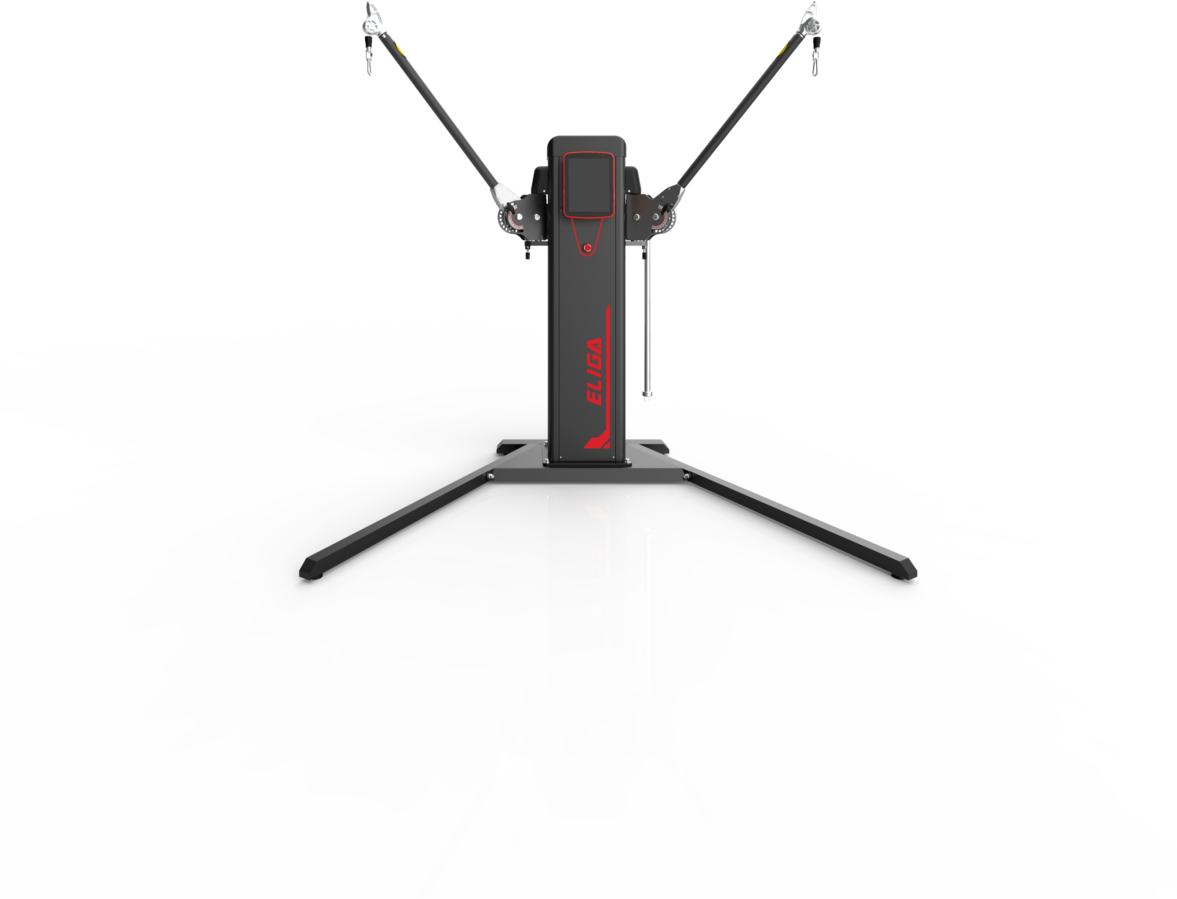 Thumbnail: DFX Servo Trainer T232 straight from the front: touchscreen centred on the column, both arms symmetrically raised with cables and carabiners, wide V-shaped floor base