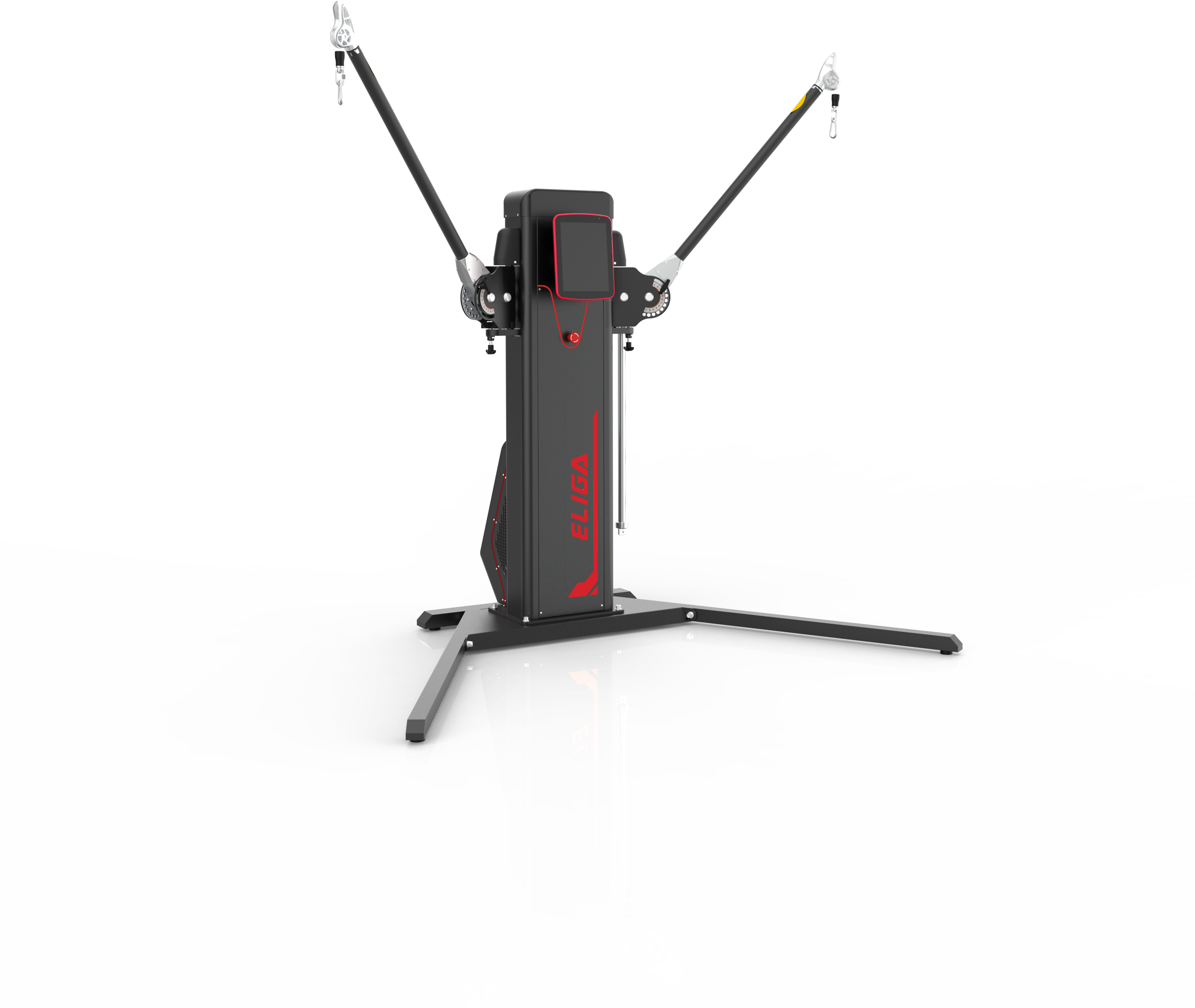 Thumbnail: DFX Servo Trainer T232 from the front right at an angle: touchscreen visible, both arms raised with cables, cable guides running along the column and a floor frame with two supports