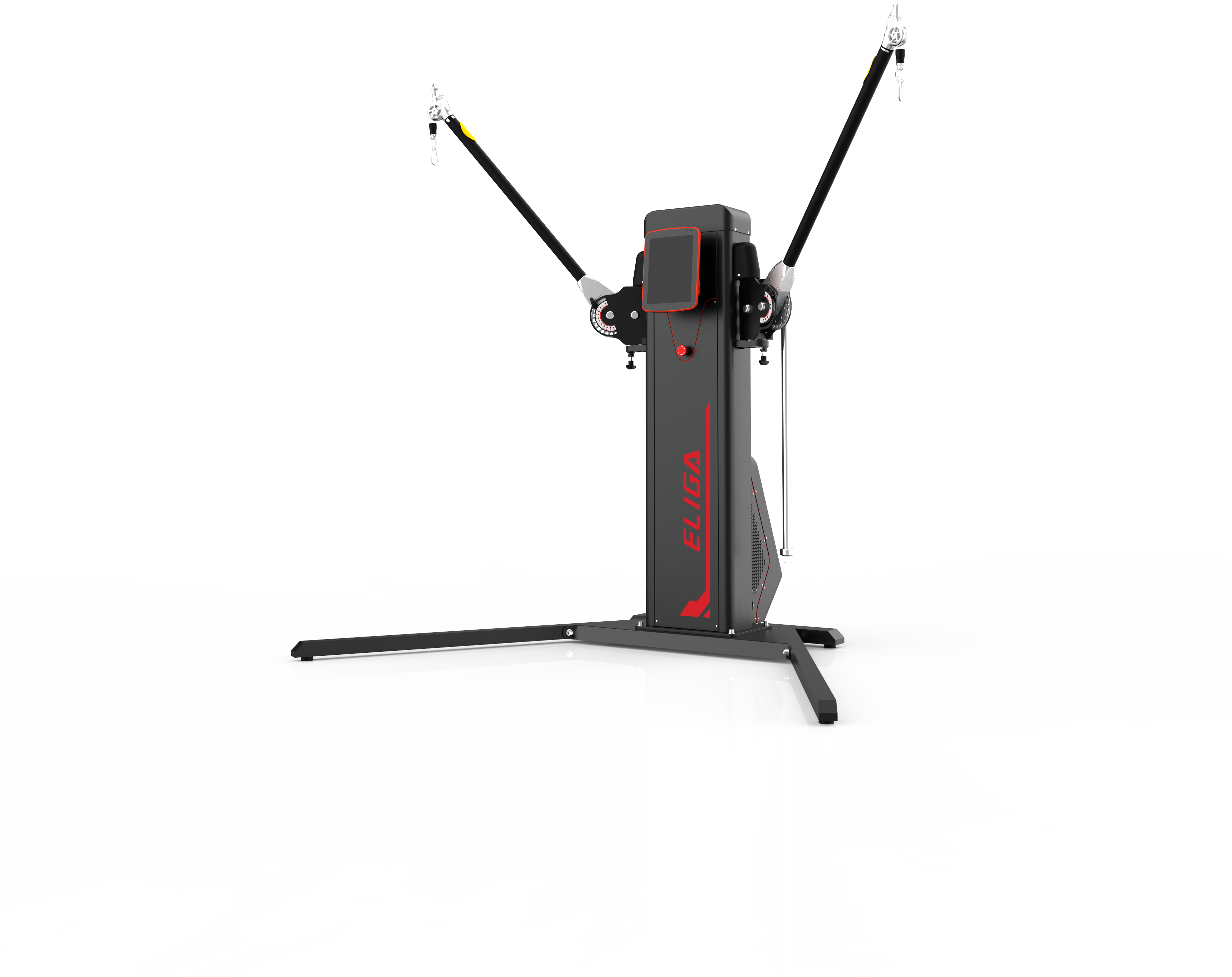 DFX Servo Trainer T232 seen from the front at an angle: black upright column with a 12-inch touchscreen, both arms raised in a V position with handles attached, ELIGA logo on the column and a T-shaped floor plate