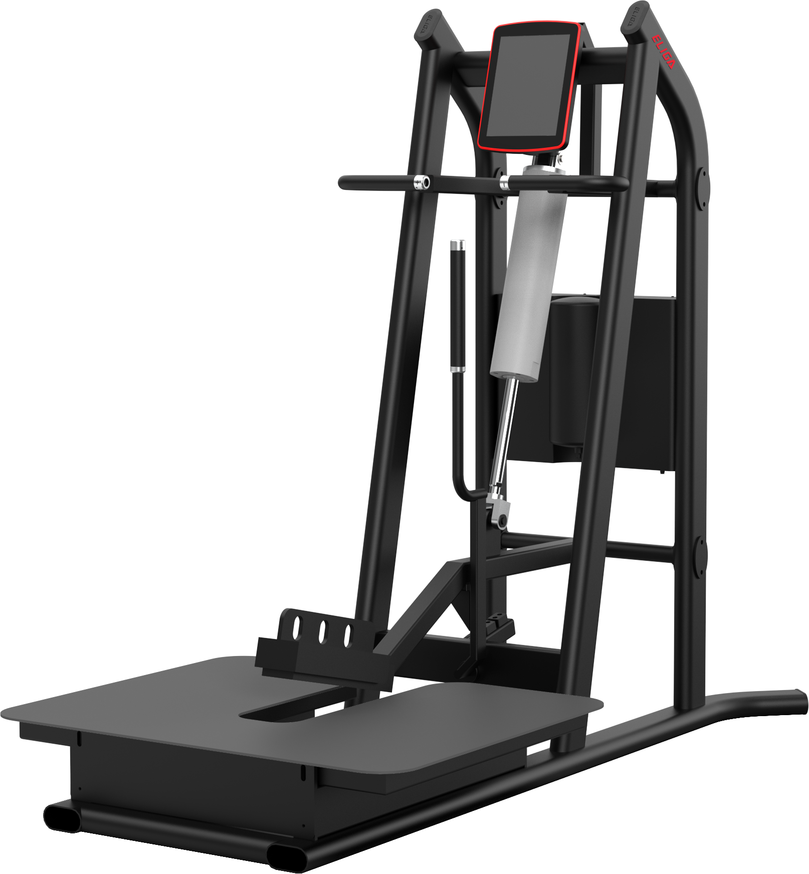 DFX Belt Squat T178 zijaanzicht: zwart frame met opstapplatform, heupgordel aan de hefboomarm en bedieningsscherm op de staander